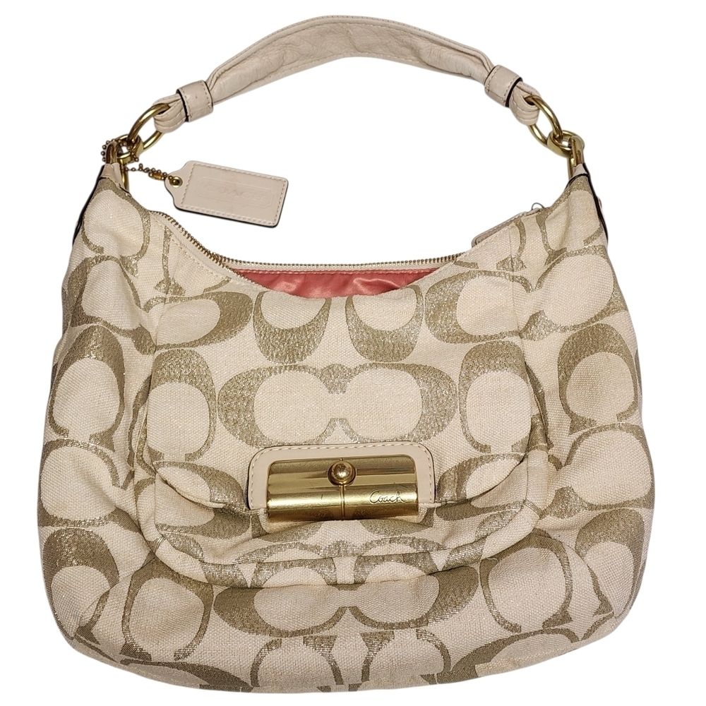 Coach Kristen 16817 Signature Champagne/Gold Linen and Leather Shoulder Bag Pink